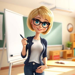 A Disney Pixar-style character of a pretty 50-year-old female teacher