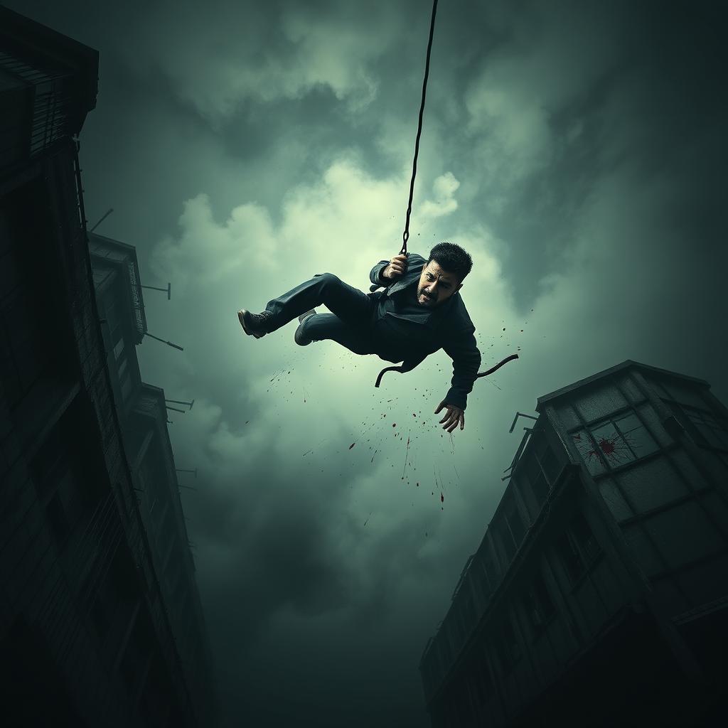 A haunting and emotional scene depicting a sad man in mid-fall from a great height, conveying the tragic theme of suicide