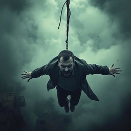 A haunting and emotional scene depicting a sad man in mid-fall from a great height, conveying the tragic theme of suicide