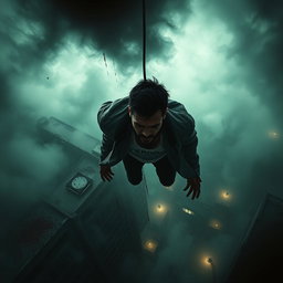 A haunting and emotional scene depicting a sad man in mid-fall from a great height, conveying the tragic theme of suicide