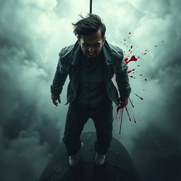 A haunting and emotional scene depicting a sad man in mid-fall from a great height, conveying the tragic theme of suicide