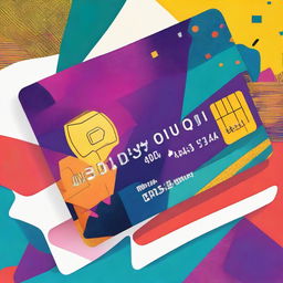 A pop art style illustration of a credit card with bold colors, dramatic contrasts, and geometric patterns, while keeping the typical financial details blank.