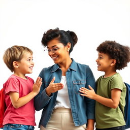 Three children and a teacher interacting with great respect in a bright, minimalist white background