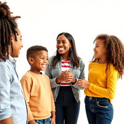 Three children and a teacher interacting with great respect in a bright, minimalist white background