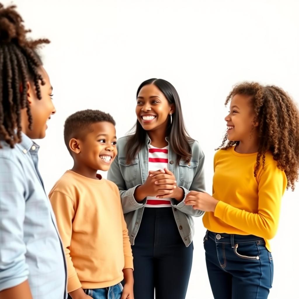 Three children and a teacher interacting with great respect in a bright, minimalist white background