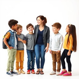 Three children and a teacher interacting with great respect in a bright, minimalist white background