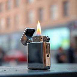 A unique smartphone designed to resemble a lighter, featuring a shiny metallic finish