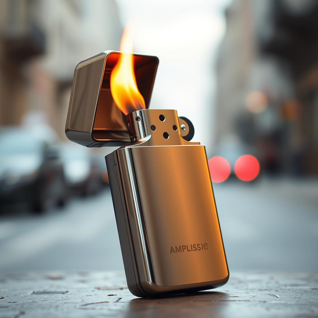 A unique smartphone designed to resemble a lighter, featuring a shiny metallic finish