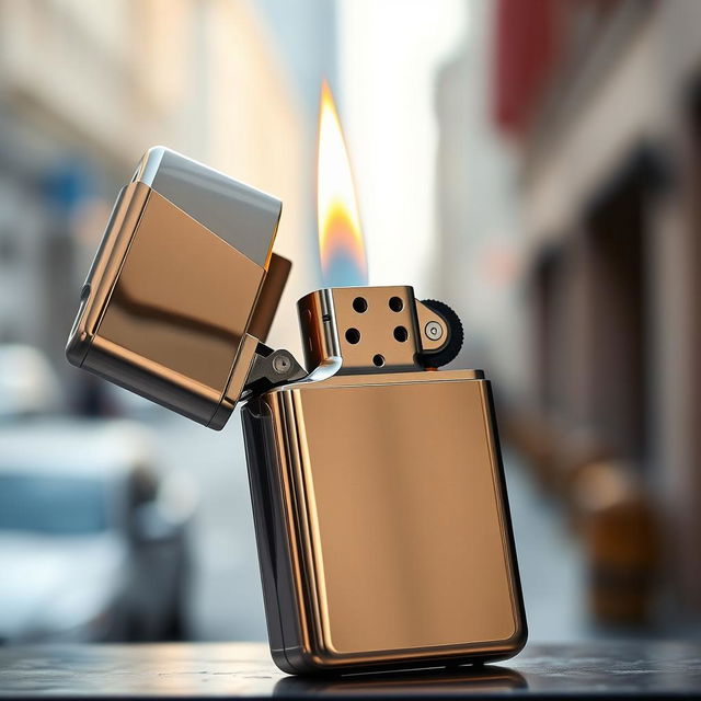 A unique smartphone designed to resemble a lighter, featuring a shiny metallic finish