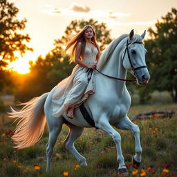 A beautiful girl riding a majestic white horse in a serene natural setting