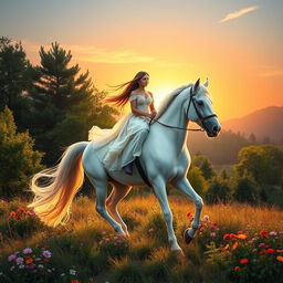 A beautiful girl riding a majestic white horse in a serene natural setting