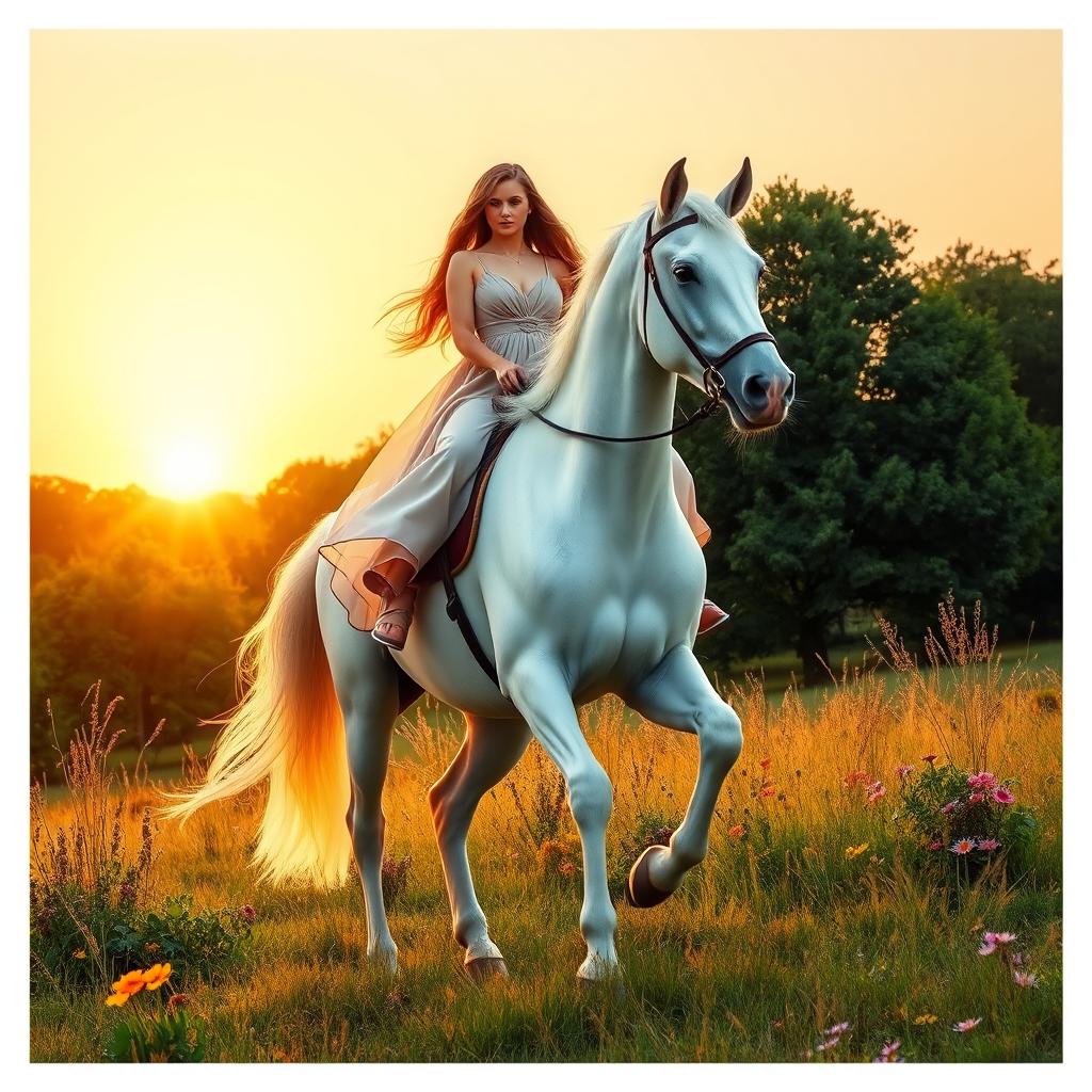 A beautiful girl riding a majestic white horse in a serene natural setting