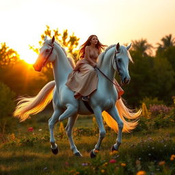 A beautiful girl riding a majestic white horse in a serene natural setting