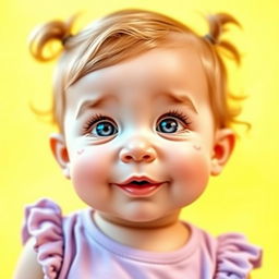 A cute baby girl with a round shape face and a very prominent chin, featuring a round chin shape but no cleft chin