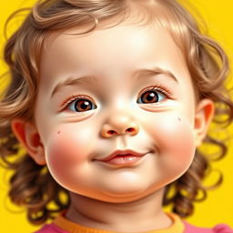 A cute baby girl with a round shape face and a very prominent chin, featuring a round chin shape but no cleft chin