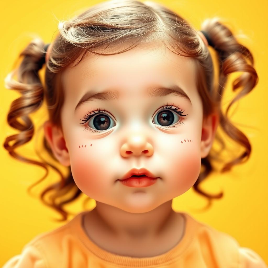 A cute baby girl with a round shape face and a very prominent chin, featuring a round chin shape but no cleft chin