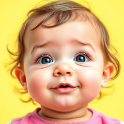 A cute baby girl with a round shape face and a very prominent chin, featuring a round chin shape but no cleft chin