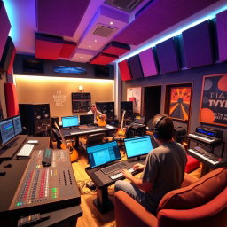 A modern recording studio interior filled with acoustic panels, a large mixing console with colorful buttons, multiple monitors displaying audio tracks, high-tech equipment, soundproof glass walls, and musical instruments like guitars and keyboards scattered around