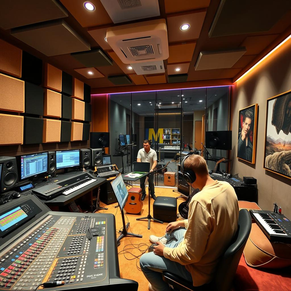 A modern recording studio interior filled with acoustic panels, a large mixing console with colorful buttons, multiple monitors displaying audio tracks, high-tech equipment, soundproof glass walls, and musical instruments like guitars and keyboards scattered around