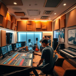 A modern recording studio interior filled with acoustic panels, a large mixing console with colorful buttons, multiple monitors displaying audio tracks, high-tech equipment, soundproof glass walls, and musical instruments like guitars and keyboards scattered around