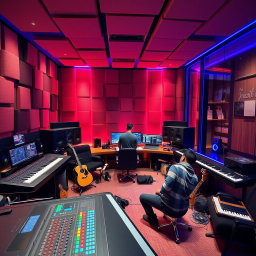 A modern recording studio interior filled with acoustic panels, a large mixing console with colorful buttons, multiple monitors displaying audio tracks, high-tech equipment, soundproof glass walls, and musical instruments like guitars and keyboards scattered around