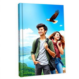 A book cover featuring a 22-year-old man with short dark hair, wearing a modern casual outfit, standing confidently next to a 21-year-old woman with long flowing brown hair, dressed in a stylish yet comfortable outfit