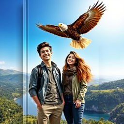 A book cover featuring a 22-year-old man with short dark hair, wearing a modern casual outfit, standing confidently next to a 21-year-old woman with long flowing brown hair, dressed in a stylish yet comfortable outfit