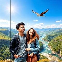 A book cover featuring a 22-year-old man with short dark hair, wearing a modern casual outfit, standing confidently next to a 21-year-old woman with long flowing brown hair, dressed in a stylish yet comfortable outfit