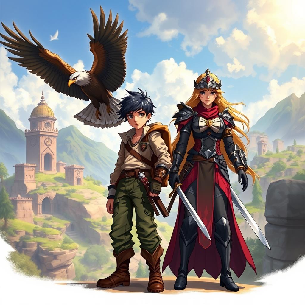 A dynamic fantasy scene depicting Gabriel Rosseu, a young student, in a fantastical training environment with an eagle soaring nearby