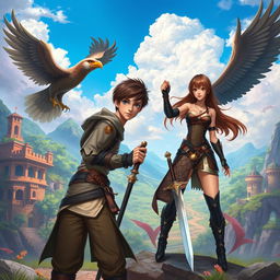 A dynamic fantasy scene depicting Gabriel Rosseu, a young student, in a fantastical training environment with an eagle soaring nearby