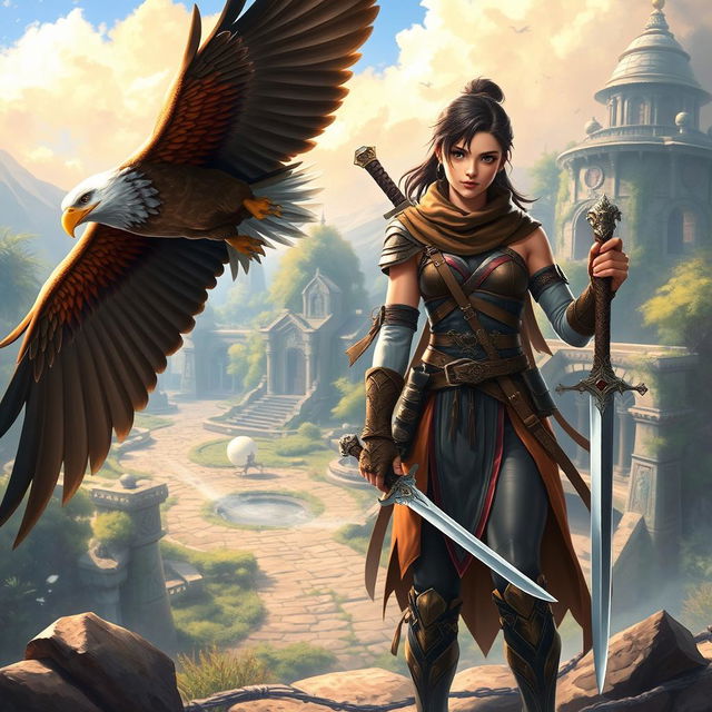 A dynamic fantasy scene depicting Gabriel Rosseu, a young student, in a fantastical training environment with an eagle soaring nearby
