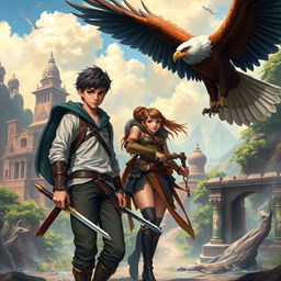 A dynamic fantasy scene depicting Gabriel Rosseu, a young student, in a fantastical training environment with an eagle soaring nearby