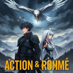 A book cover designed in an anime style featuring a 22-year-old man with spiky black hair, wearing a rugged armor outfit, standing protectively beside a 21-year-old woman with long silver hair, dressed in a sleek, futuristic combat outfit