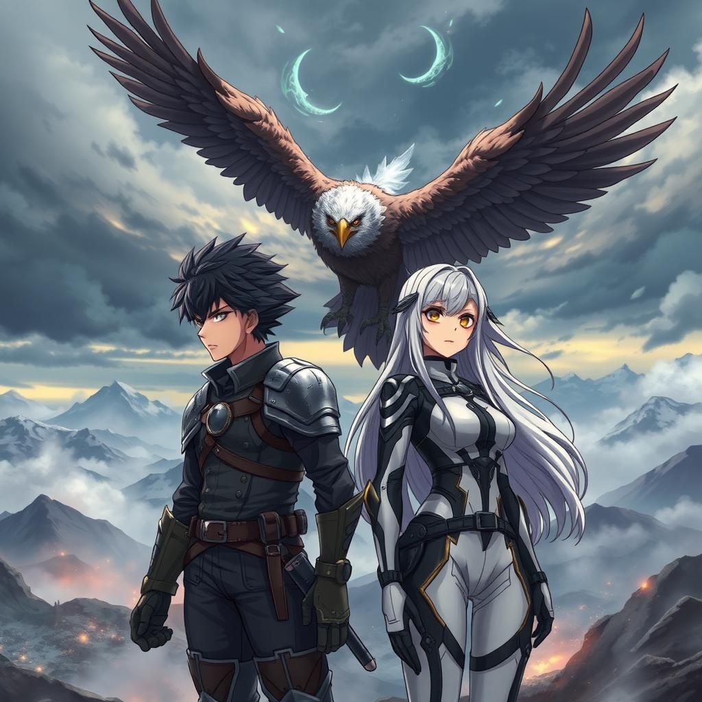 A book cover designed in an anime style featuring a 22-year-old man with spiky black hair, wearing a rugged armor outfit, standing protectively beside a 21-year-old woman with long silver hair, dressed in a sleek, futuristic combat outfit