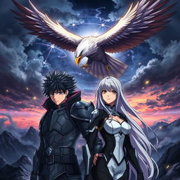 A book cover designed in an anime style featuring a 22-year-old man with spiky black hair, wearing a rugged armor outfit, standing protectively beside a 21-year-old woman with long silver hair, dressed in a sleek, futuristic combat outfit