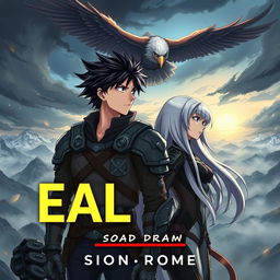 A book cover designed in an anime style featuring a 22-year-old man with spiky black hair, wearing a rugged armor outfit, standing protectively beside a 21-year-old woman with long silver hair, dressed in a sleek, futuristic combat outfit