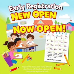 A vibrant and engaging school early registration poster, featuring a cheerful classroom scene with diverse children actively participating in learning activities