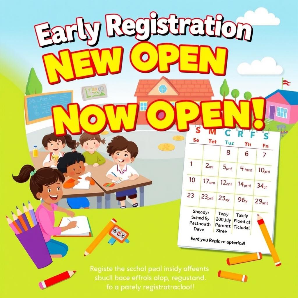 A vibrant and engaging school early registration poster, featuring a cheerful classroom scene with diverse children actively participating in learning activities