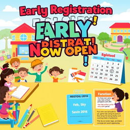 A vibrant and engaging school early registration poster, featuring a cheerful classroom scene with diverse children actively participating in learning activities