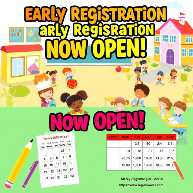 A vibrant and engaging school early registration poster, featuring a cheerful classroom scene with diverse children actively participating in learning activities