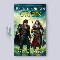 An intriguing fantasy cover design for a book titled 'Back to Origin', featuring Gabriel Rosseu, a young student, in an otherworldly setting