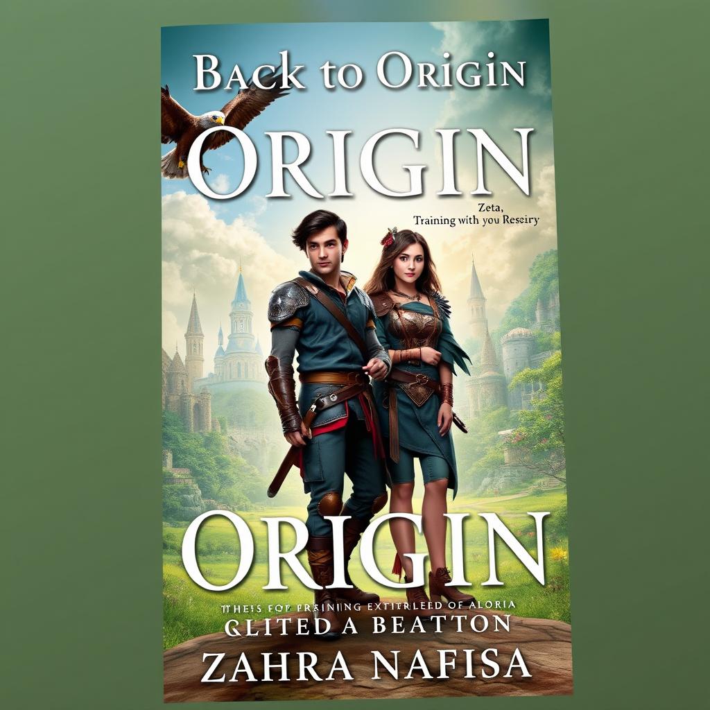An intriguing fantasy cover design for a book titled 'Back to Origin', featuring Gabriel Rosseu, a young student, in an otherworldly setting