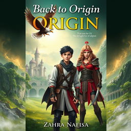 An intriguing fantasy cover design for a book titled 'Back to Origin', featuring Gabriel Rosseu, a young student, in an otherworldly setting