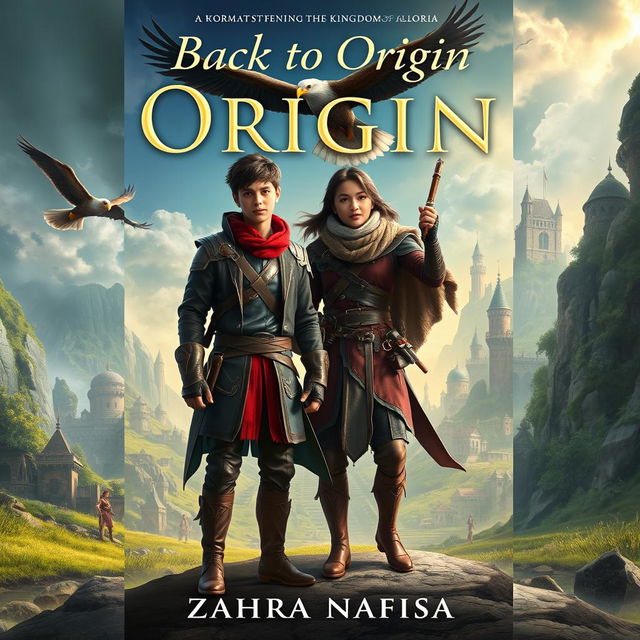 An intriguing fantasy cover design for a book titled 'Back to Origin', featuring Gabriel Rosseu, a young student, in an otherworldly setting