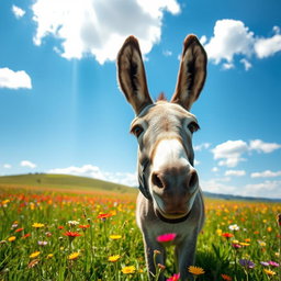 A charming donkey standing in a vibrant green meadow, surrounded by colorful wildflowers