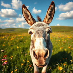 A charming donkey standing in a vibrant green meadow, surrounded by colorful wildflowers
