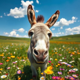 A charming donkey standing in a vibrant green meadow, surrounded by colorful wildflowers