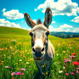A charming donkey standing in a vibrant green meadow, surrounded by colorful wildflowers