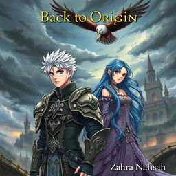 A captivating book cover in an anime style featuring a 22-year-old man with spiky silver hair, dressed in regal battle armor with intricate designs, standing alongside a 21-year-old woman with long flowing blue hair in a beautifully crafted gown, evoking a regal theme