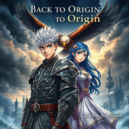 A captivating book cover in an anime style featuring a 22-year-old man with spiky silver hair, dressed in regal battle armor with intricate designs, standing alongside a 21-year-old woman with long flowing blue hair in a beautifully crafted gown, evoking a regal theme